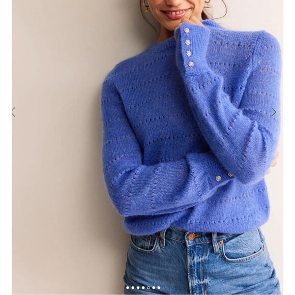 BODEN Fluffy Blue Mohair Wool Textured Jumper Knit Crew Neck Deep Cuff Large L - Picture 1 of 10
